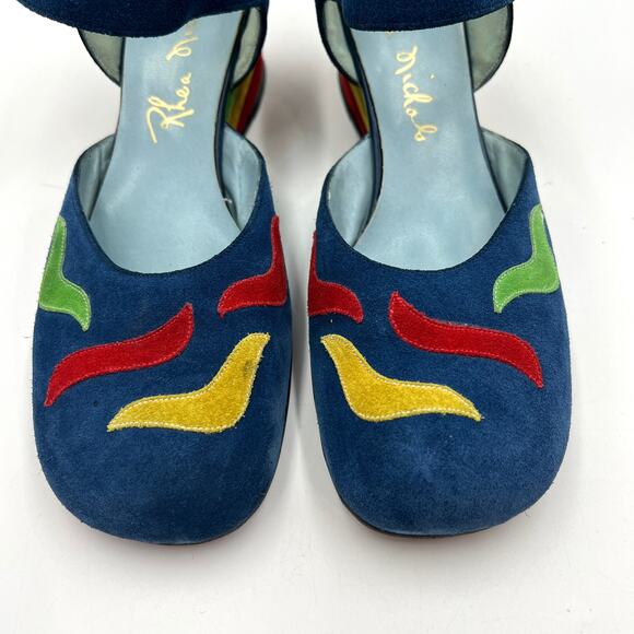 Vintage Rhea Nichols Suede Wedges Mary Jane Shoes Blue Rainbow Memphis - Picture 7 of 12